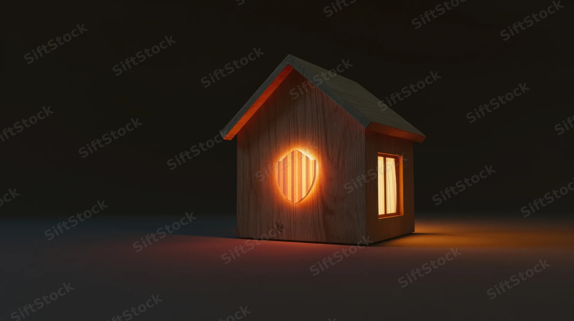 Wooden miniature house with glowing shield symbol and lit window on dark background