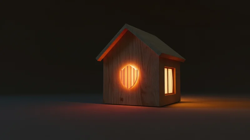 Wooden miniature house with glowing shield symbol and lit window on dark background