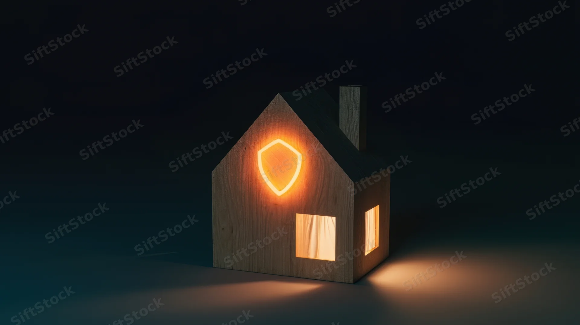 Wooden house model with glowing shield symbol on front at night