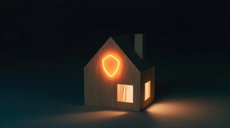 Wooden house model with glowing shield symbol on front at night