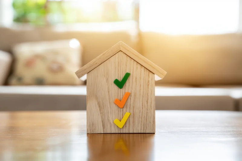 Wooden house model with colored checkmarks on a table in a living room
