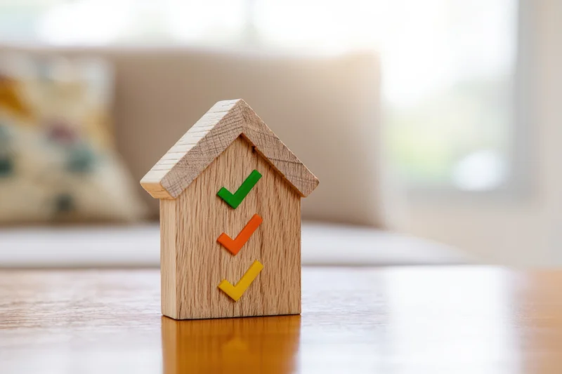 Wooden house model with colorful checkmarks on a table in a living room