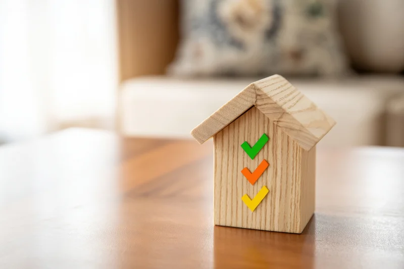 Wooden house model with colorful checkmarks on a table in a living room