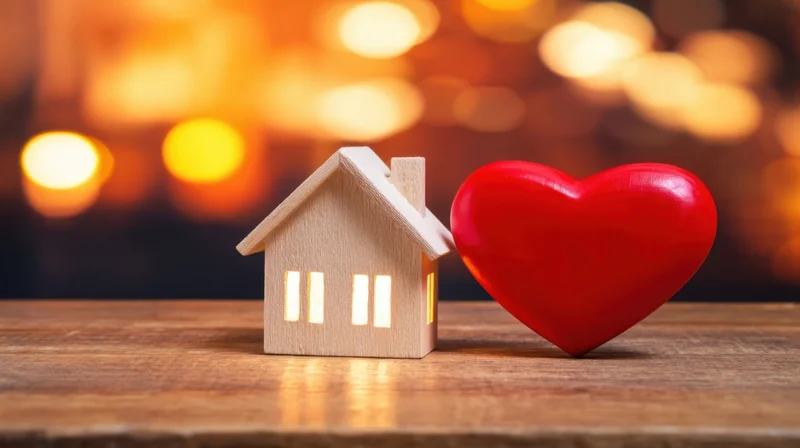 Wooden house model with glowing windows beside a red heart on a wooden table