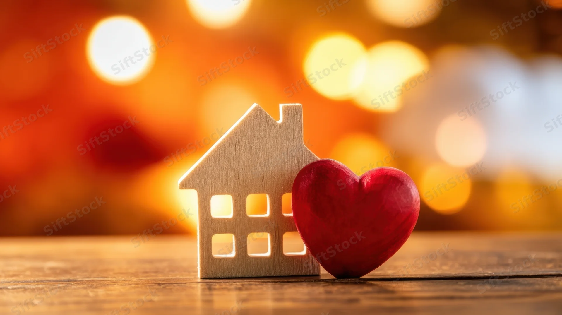 Wooden house and red heart on a wooden surface with warm bokeh lights in the background
