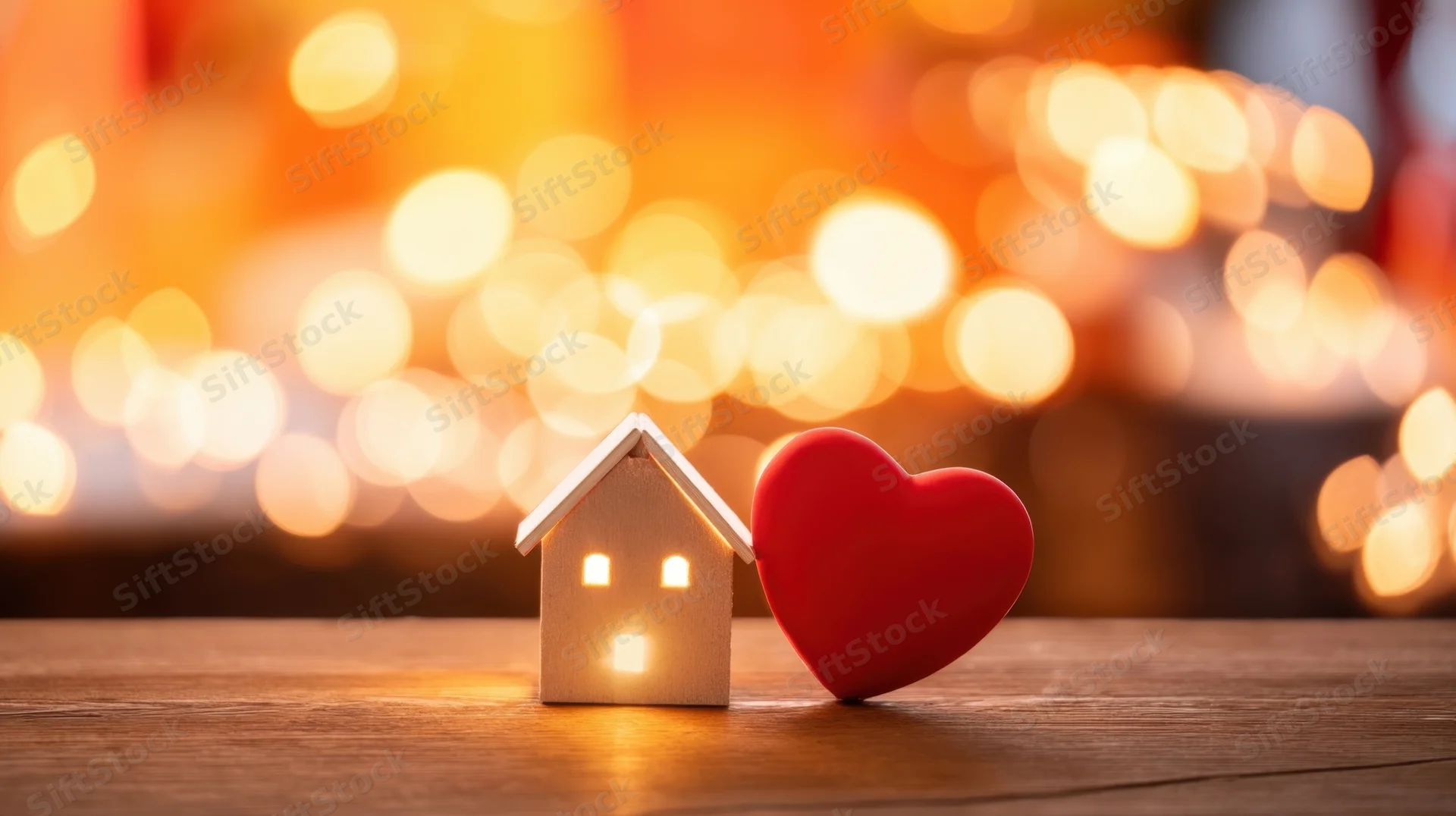 Small wooden house and red heart on wooden table with warm bokeh lights in background