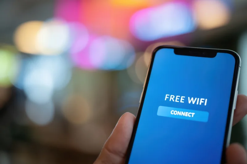 Hand holding smartphone with free wifi connect screen in front of blurred city lights at night