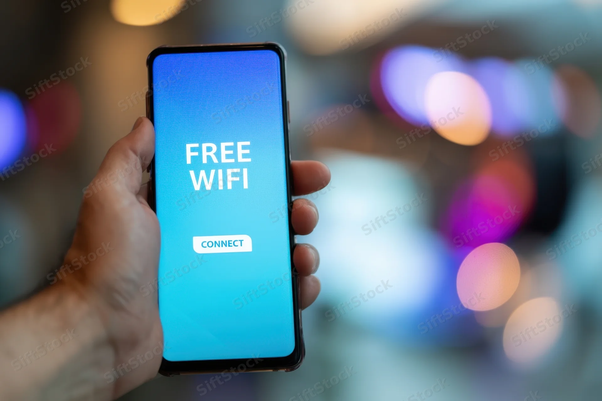 Hand holding smartphone displaying free wifi connect screen in city night setting