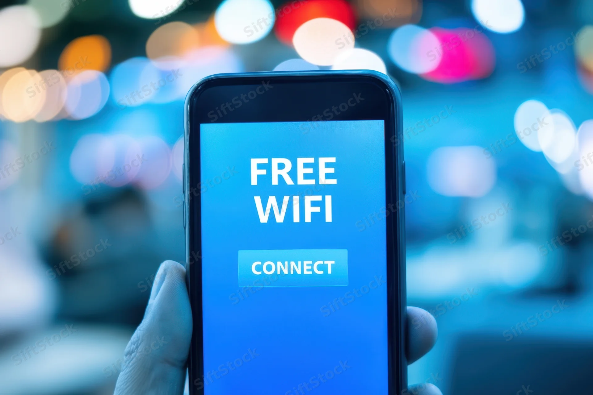 Hand holding smartphone with free wifi connect screen in city night setting