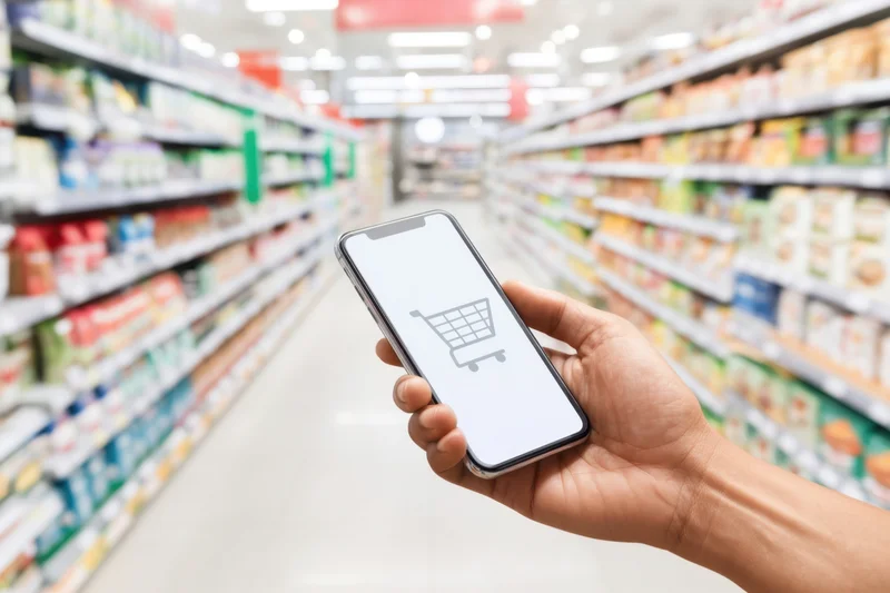Hand holding smartphone with shopping cart icon in supermarket aisle