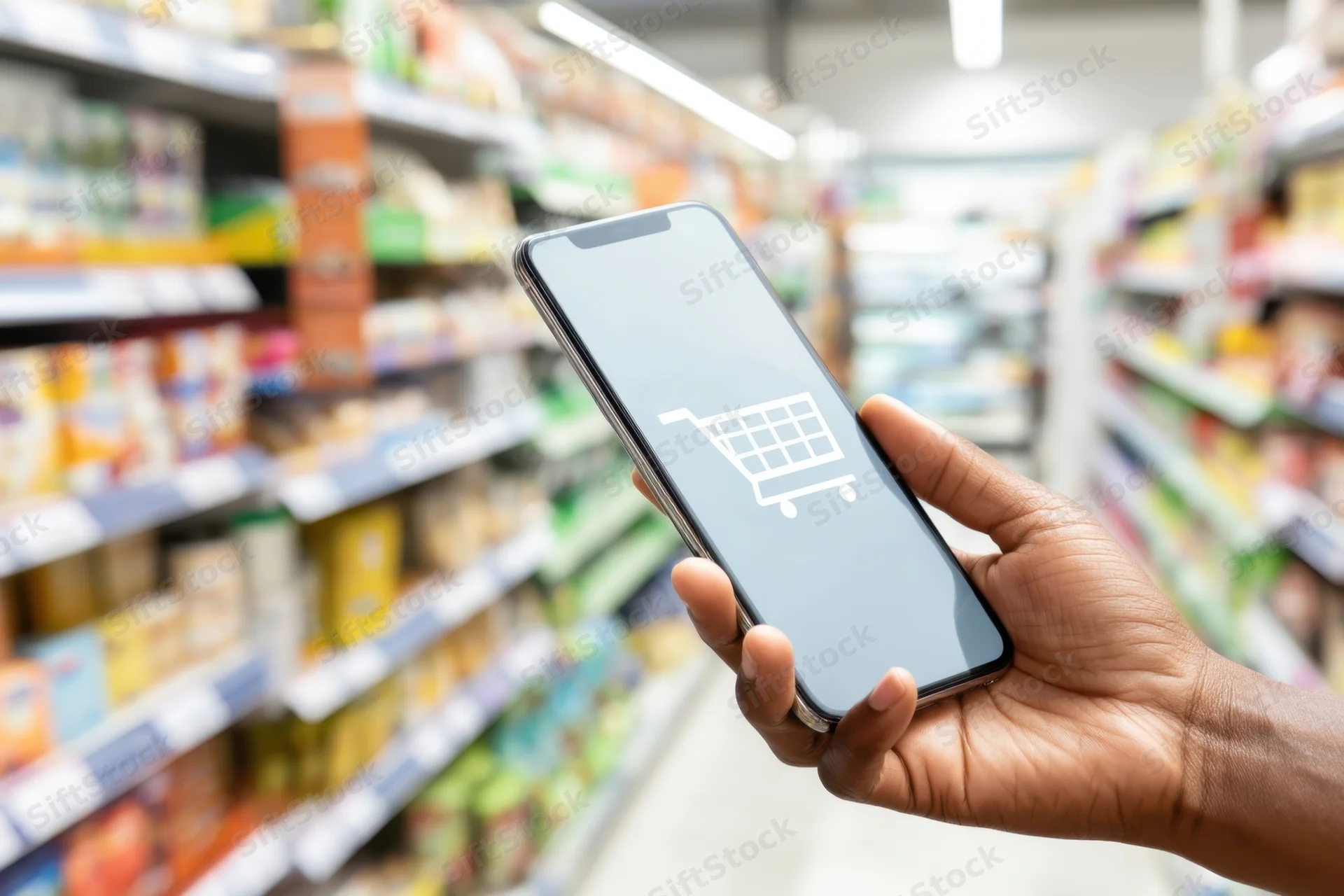 Hand holding smartphone with shopping cart icon in supermarket aisle