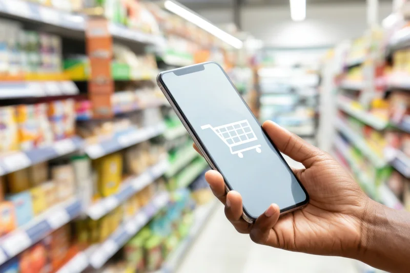 Hand holding smartphone with shopping cart icon in supermarket aisle