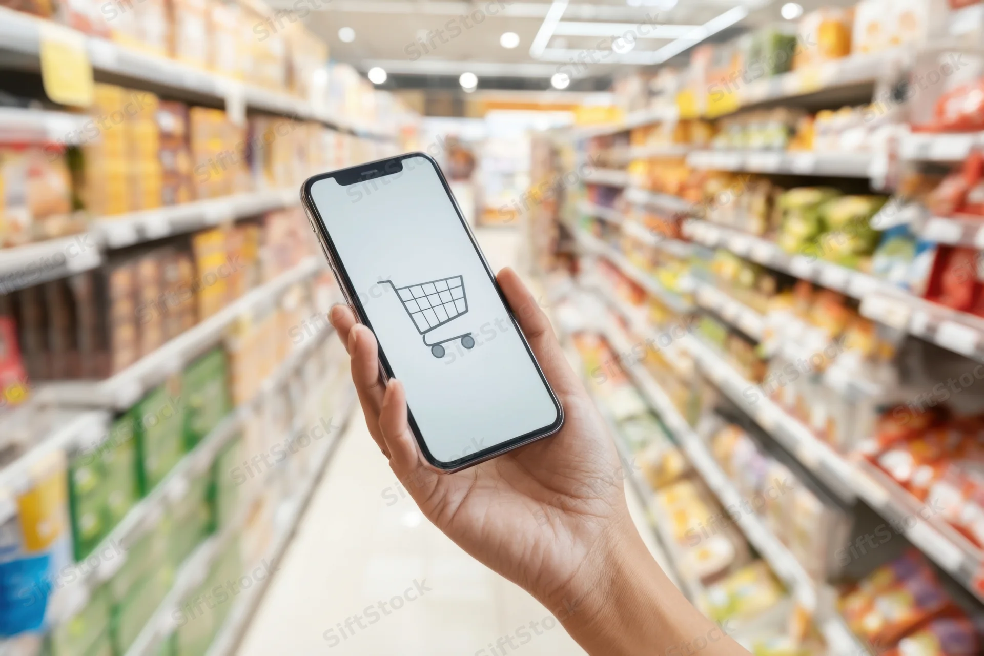 Hand holding smartphone with shopping cart icon in supermarket aisle