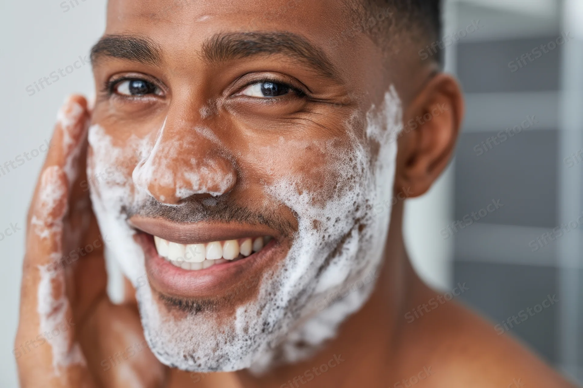 Smiling man applying shaving foam to his face in bathroom