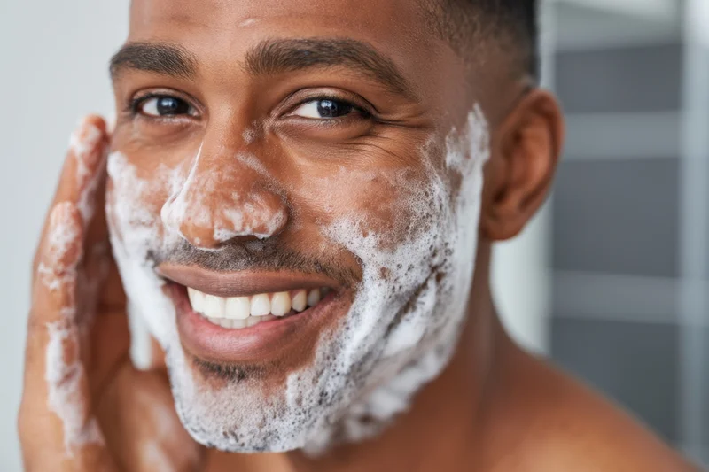 Smiling man applying shaving foam to his face in bathroom