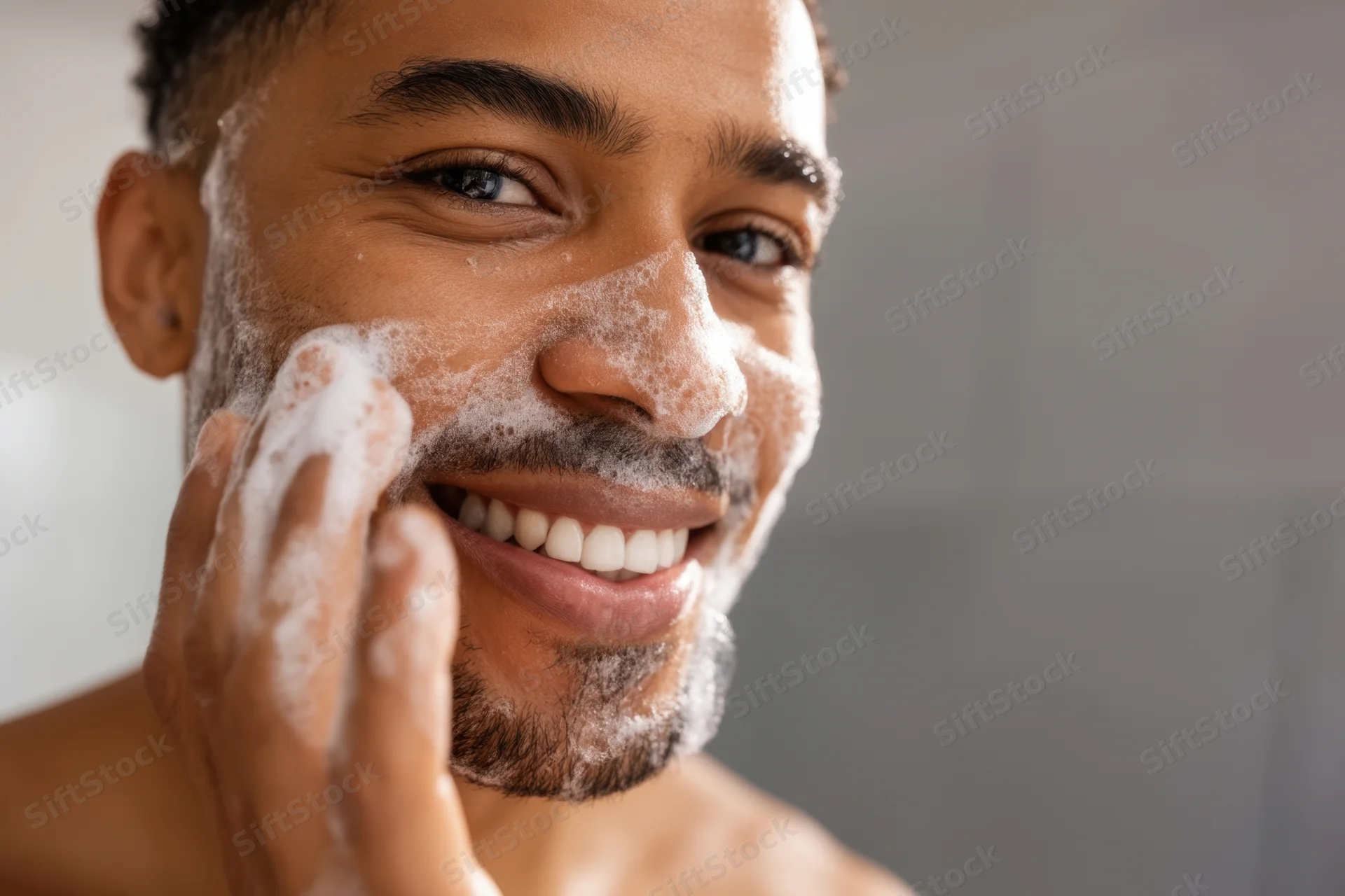 Man smiling while applying shaving foam to his face in bathroom