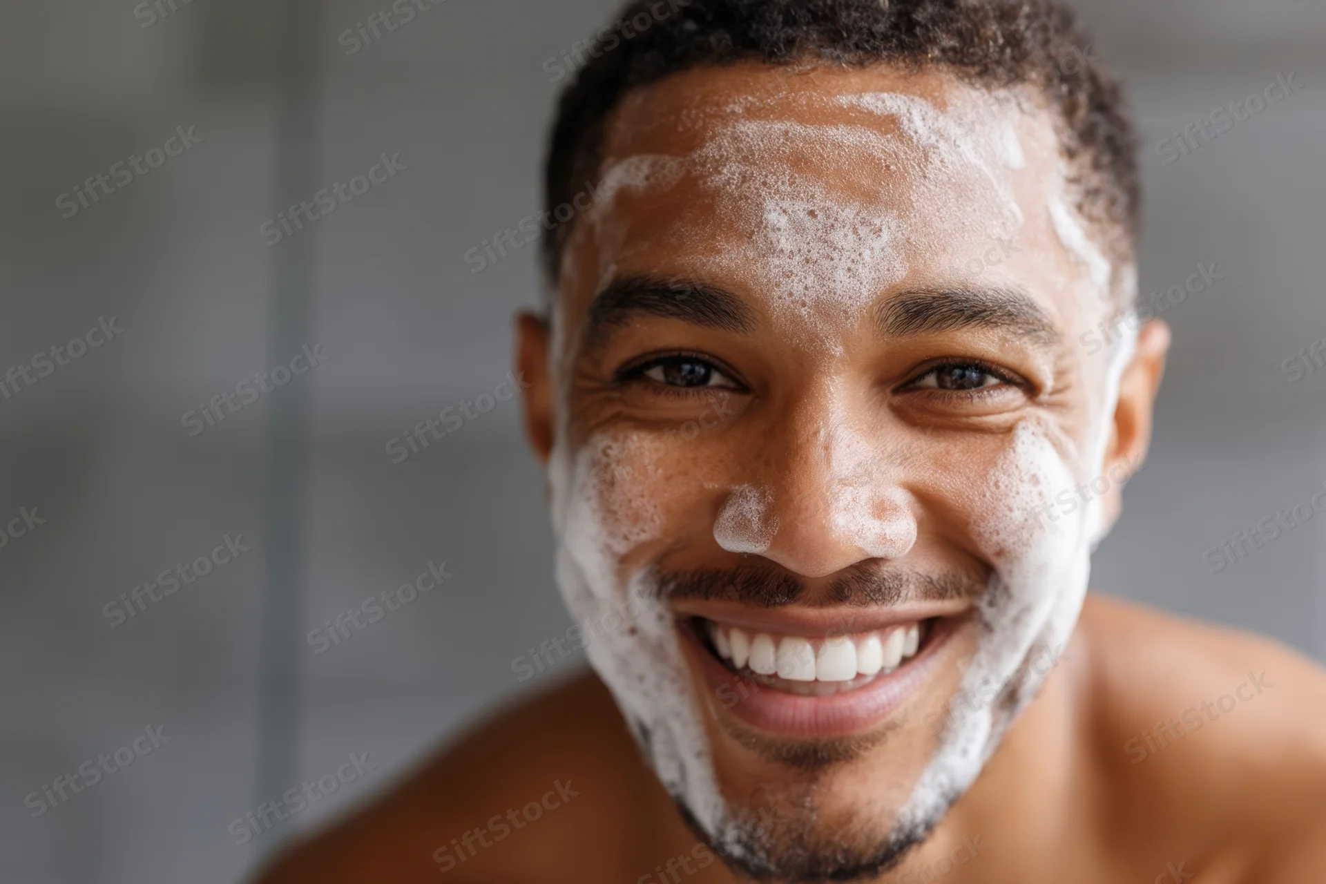 Smiling man with shaving foam on his face in bathroom