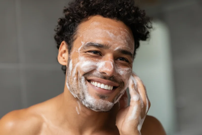 Smiling man applying shaving foam to his face in bathroom