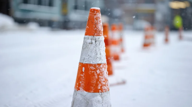 Snow-covered traffic cone in a row on a winter city street