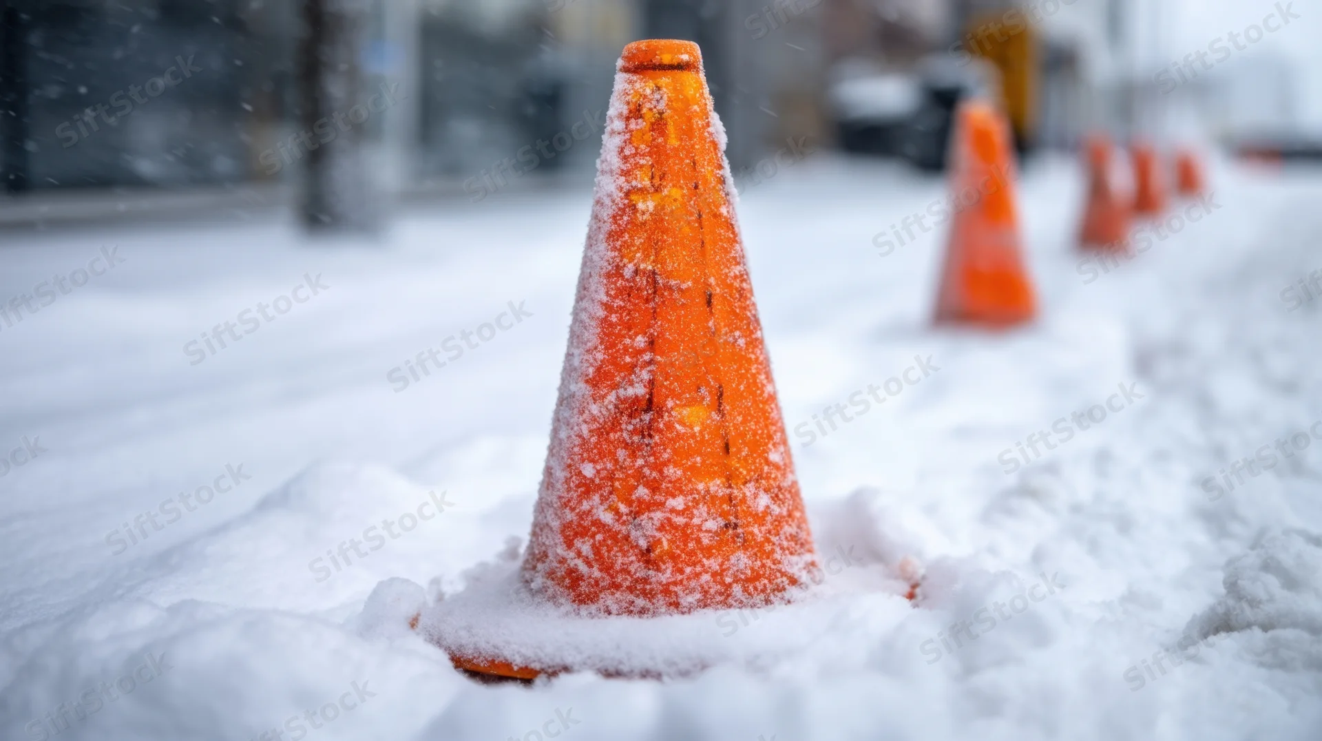 Orange traffic cones lined in snow on a city street during winter snowfall