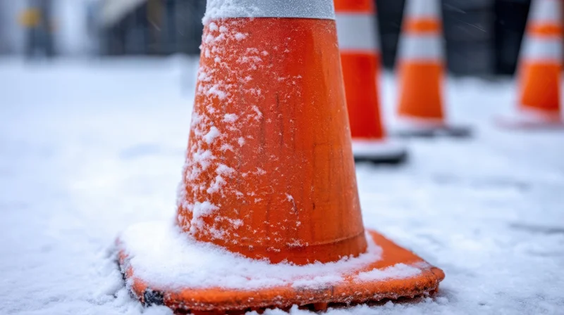 Snow-covered orange traffic cone on a snowy pavement with other cones in the background