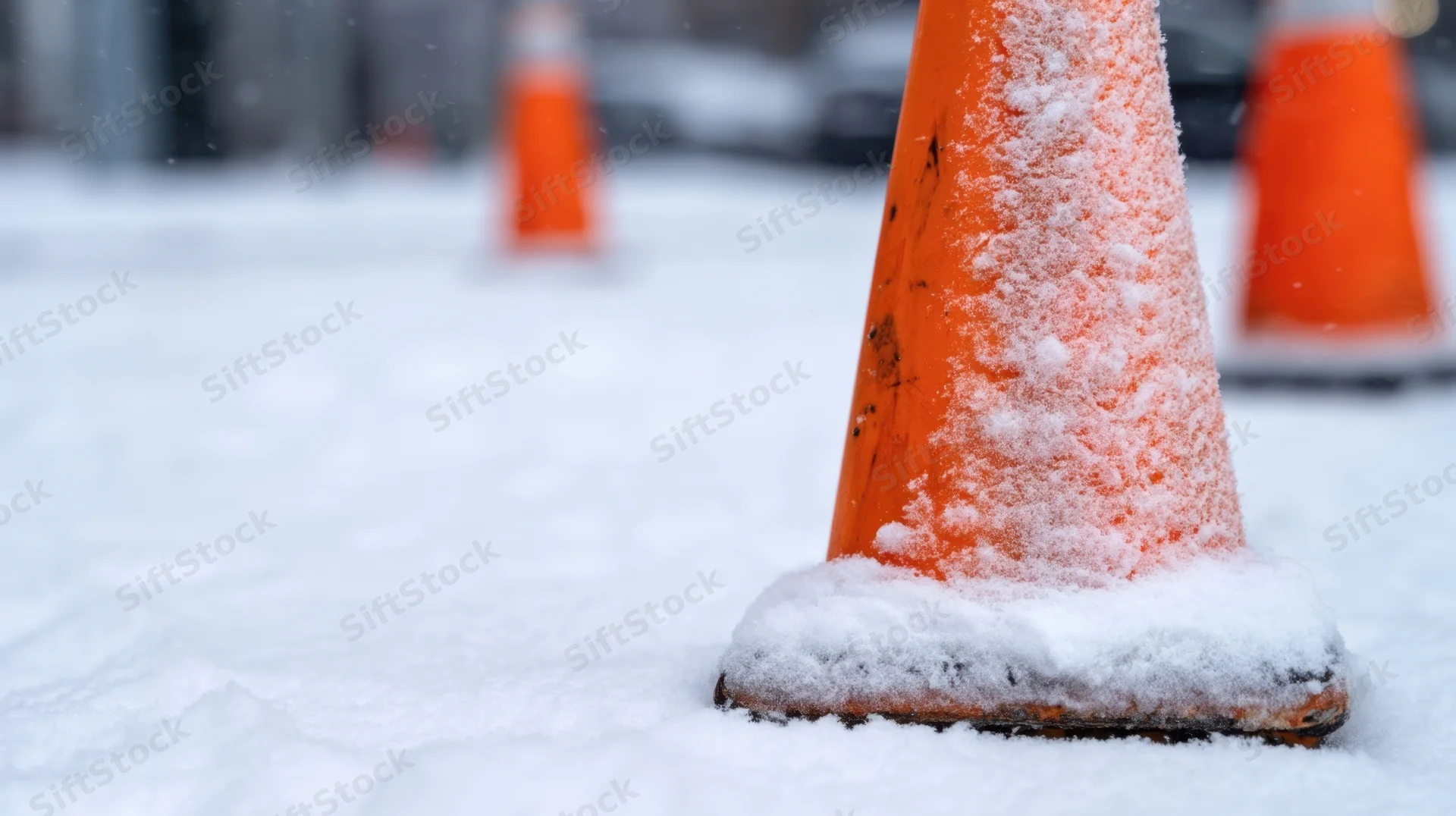 Orange traffic cone covered in snow on a snowy street