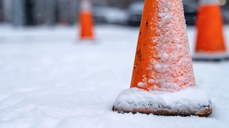 Orange traffic cone covered in snow on a snowy street