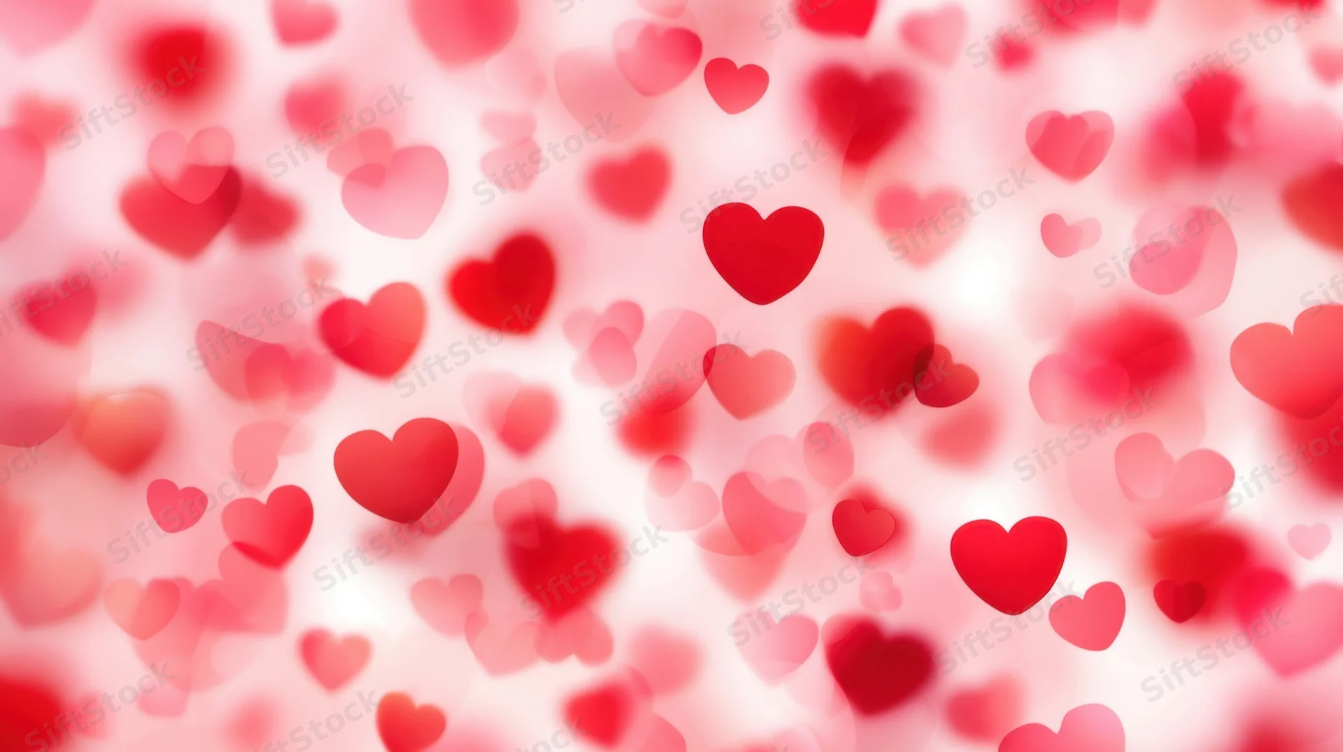 Floating red hearts in soft focus against a pink glowing background