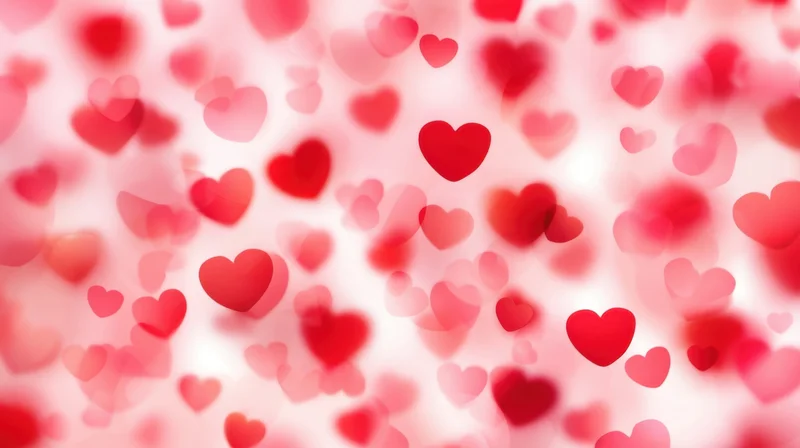 Floating red hearts in soft focus against a pink glowing background