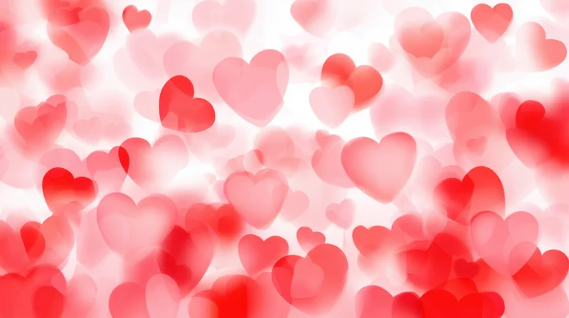 Soft red and pink hearts floating on a white background with bokeh effect
