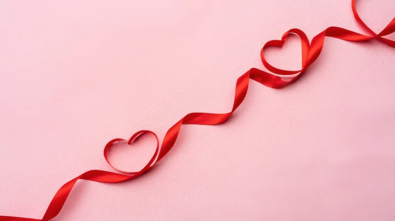 Red ribbon shaped into hearts on a soft pink surface