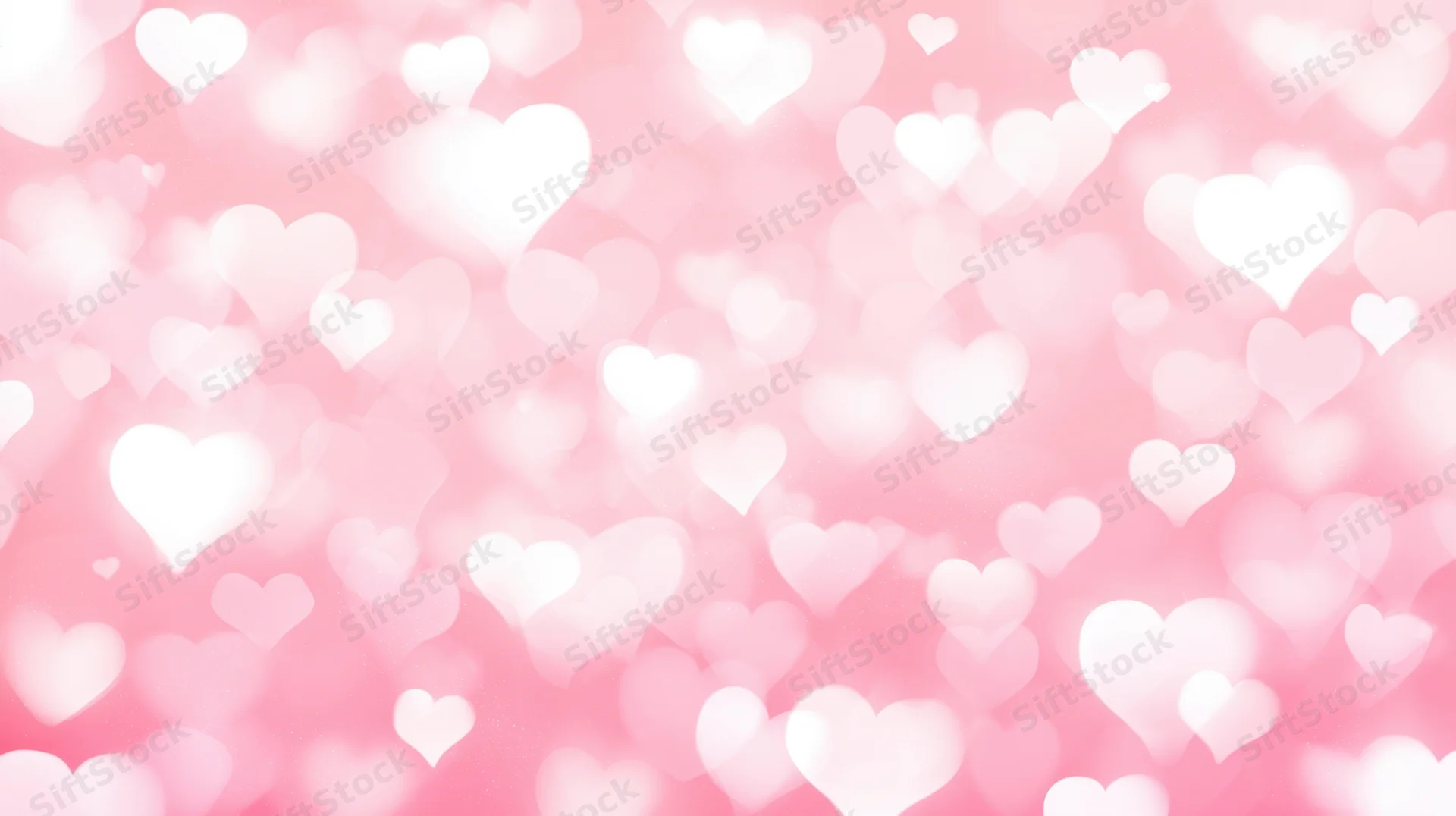 Soft pink background with glowing white hearts in bokeh effect