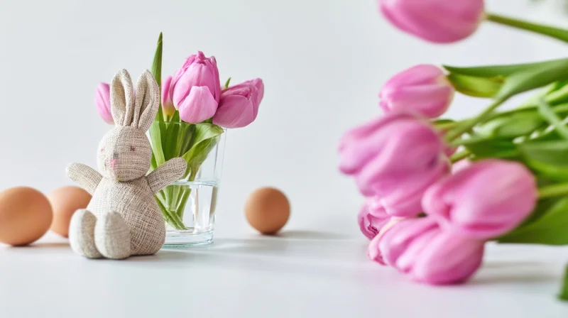 Pink tulips in a glass vase with a stuffed bunny and brown eggs on a white surface