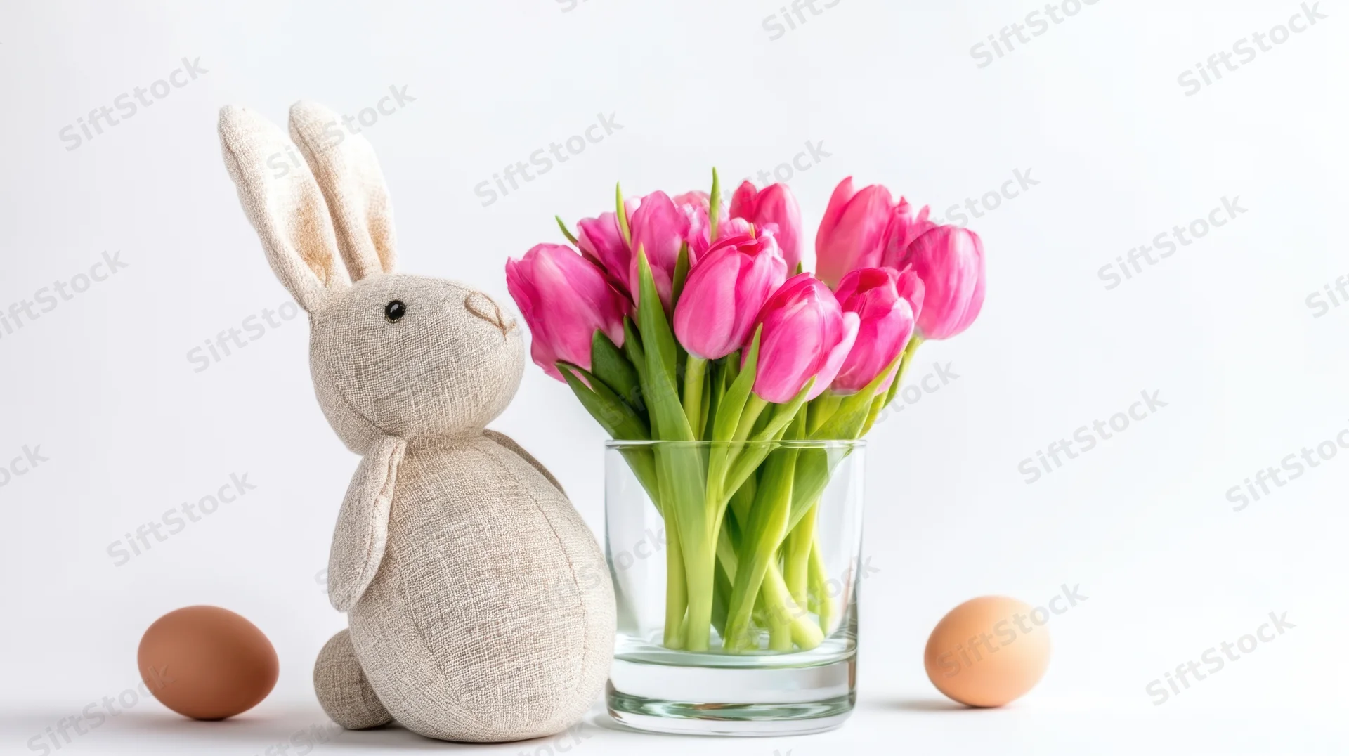 Stuffed bunny beside a glass vase of pink tulips with two eggs on a white surface