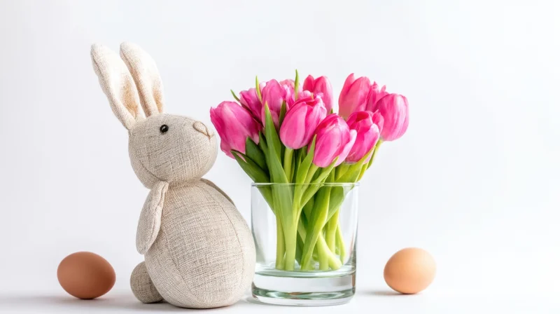 Stuffed bunny beside a glass vase of pink tulips with two eggs on a white surface