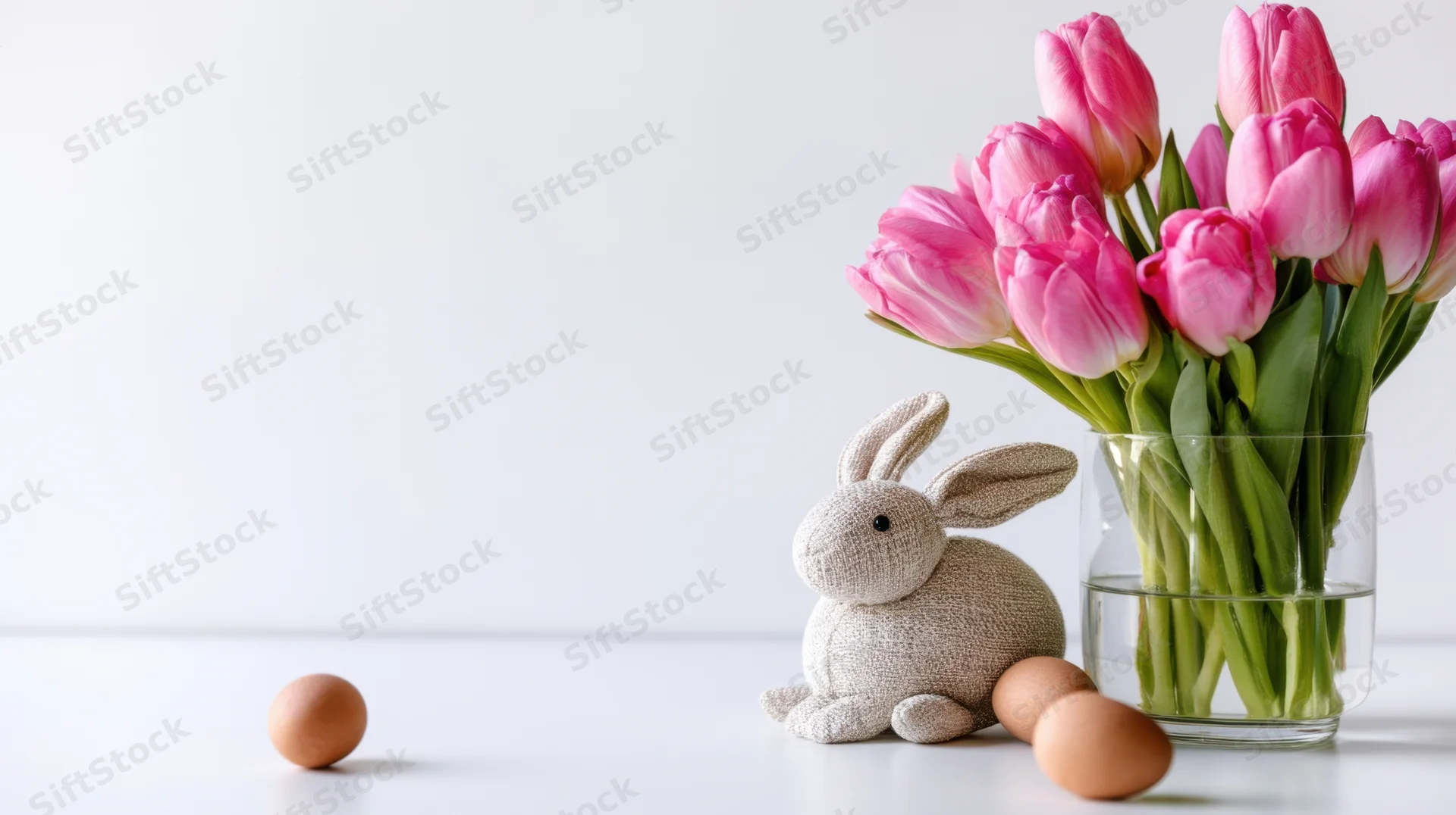 Pink tulips in a glass vase with a woven rabbit and brown eggs on a white surface