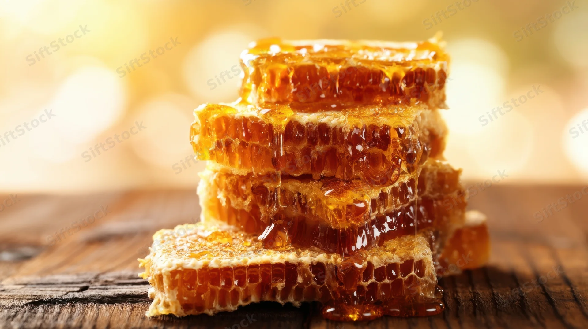 Stacked honeycomb pieces with dripping honey on a wooden surface