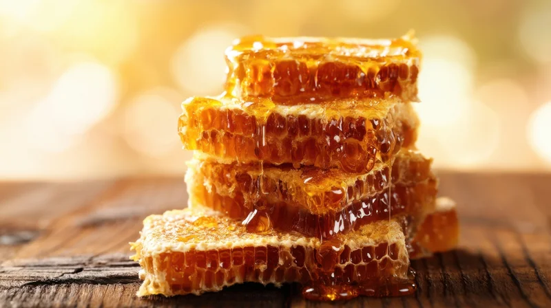 Stacked honeycomb pieces with dripping honey on a wooden surface