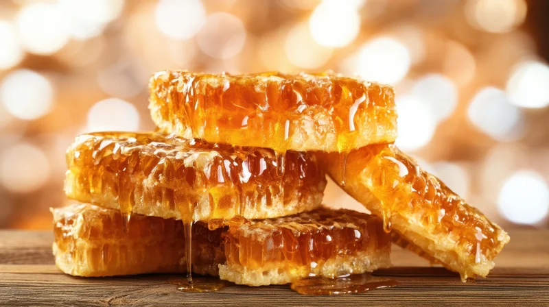 Honeycomb pieces stacked on wooden surface with honey dripping, warm bokeh background