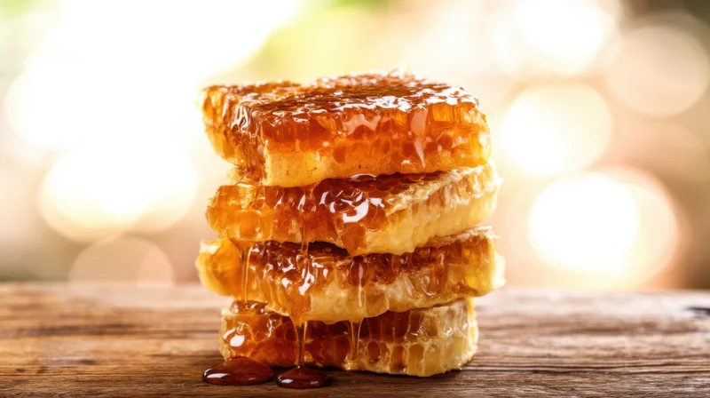 Stack of honeycomb pieces with honey dripping onto wooden surface