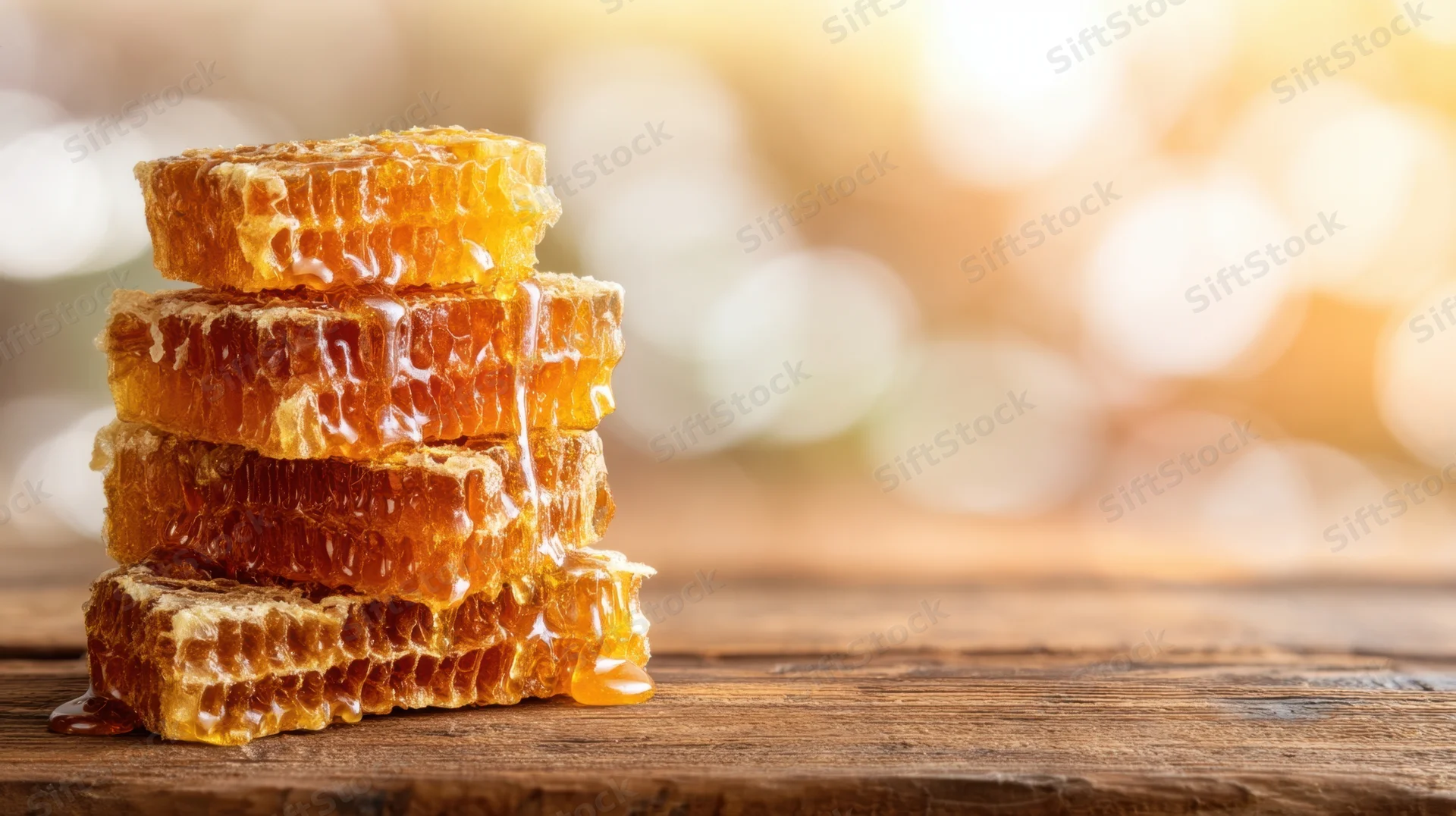 Stack of honeycomb pieces with dripping honey on a wooden table