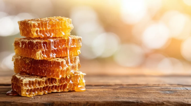 Stack of honeycomb pieces with dripping honey on a wooden table