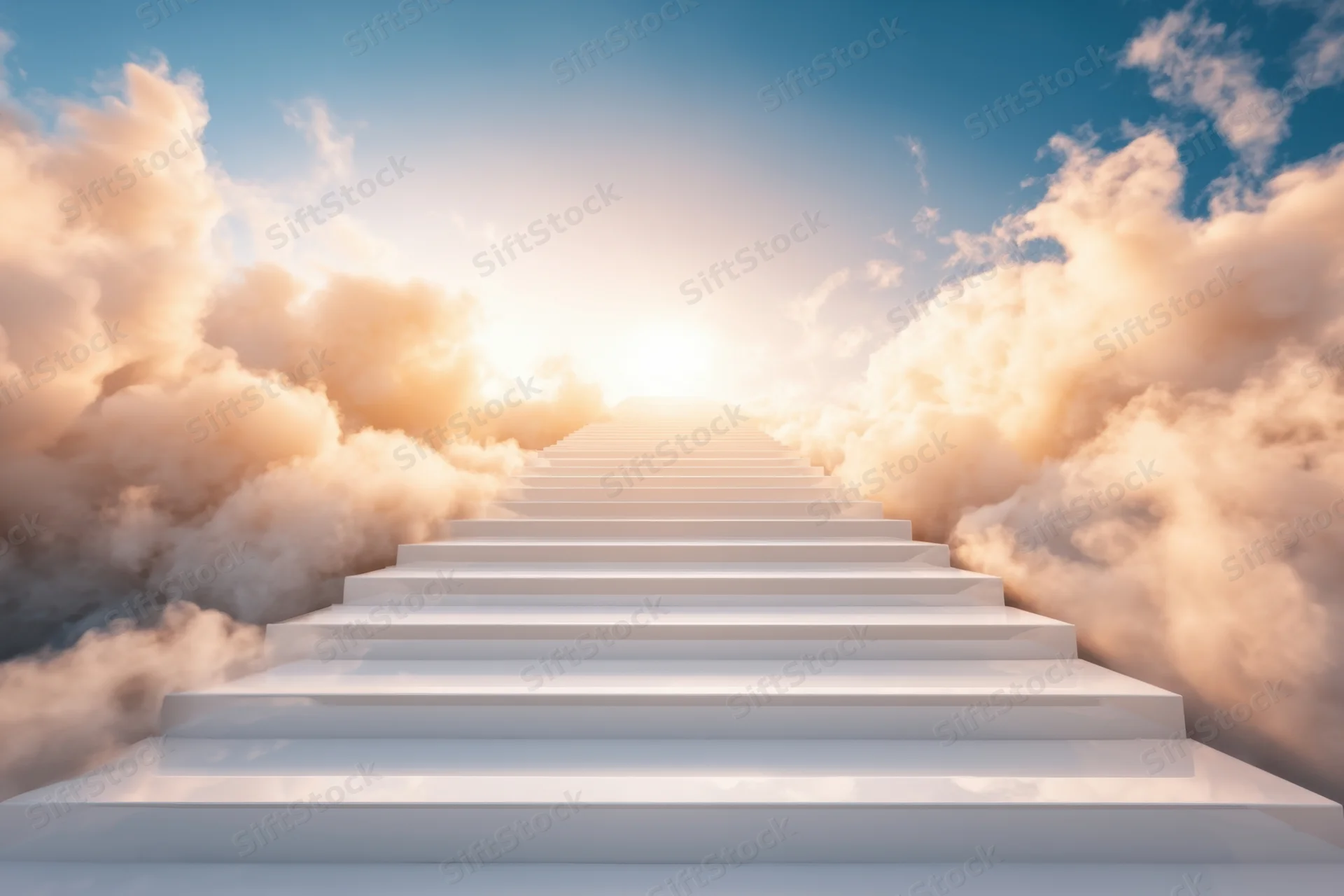 White staircase ascending through clouds toward bright sunlight in the sky