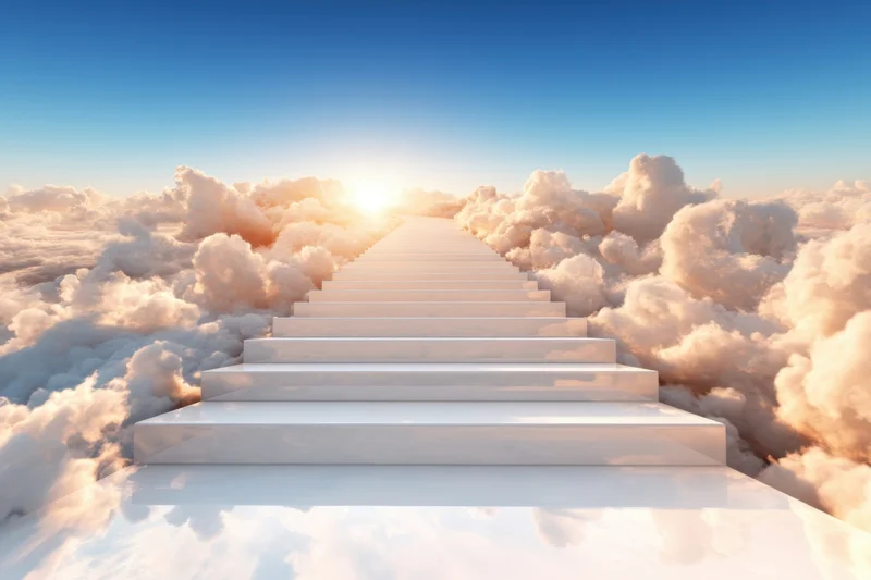 White marble staircase ascending through clouds toward sunrise sky