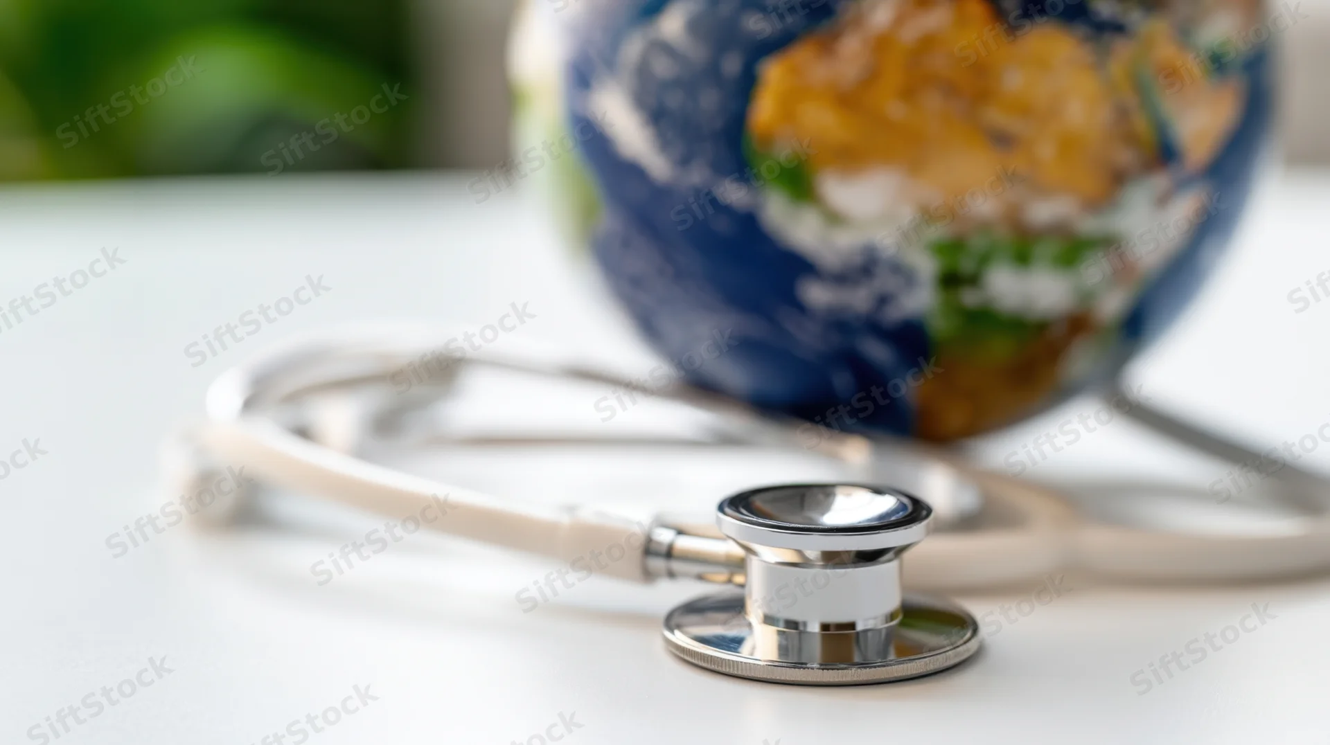 Stethoscope resting on a white surface with a globe in the background
