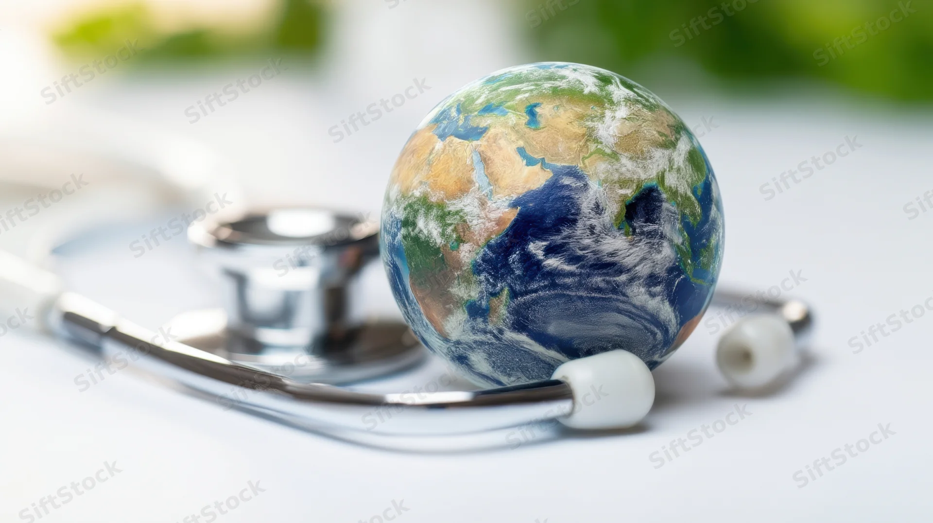 Small globe resting on a stethoscope on a white surface
