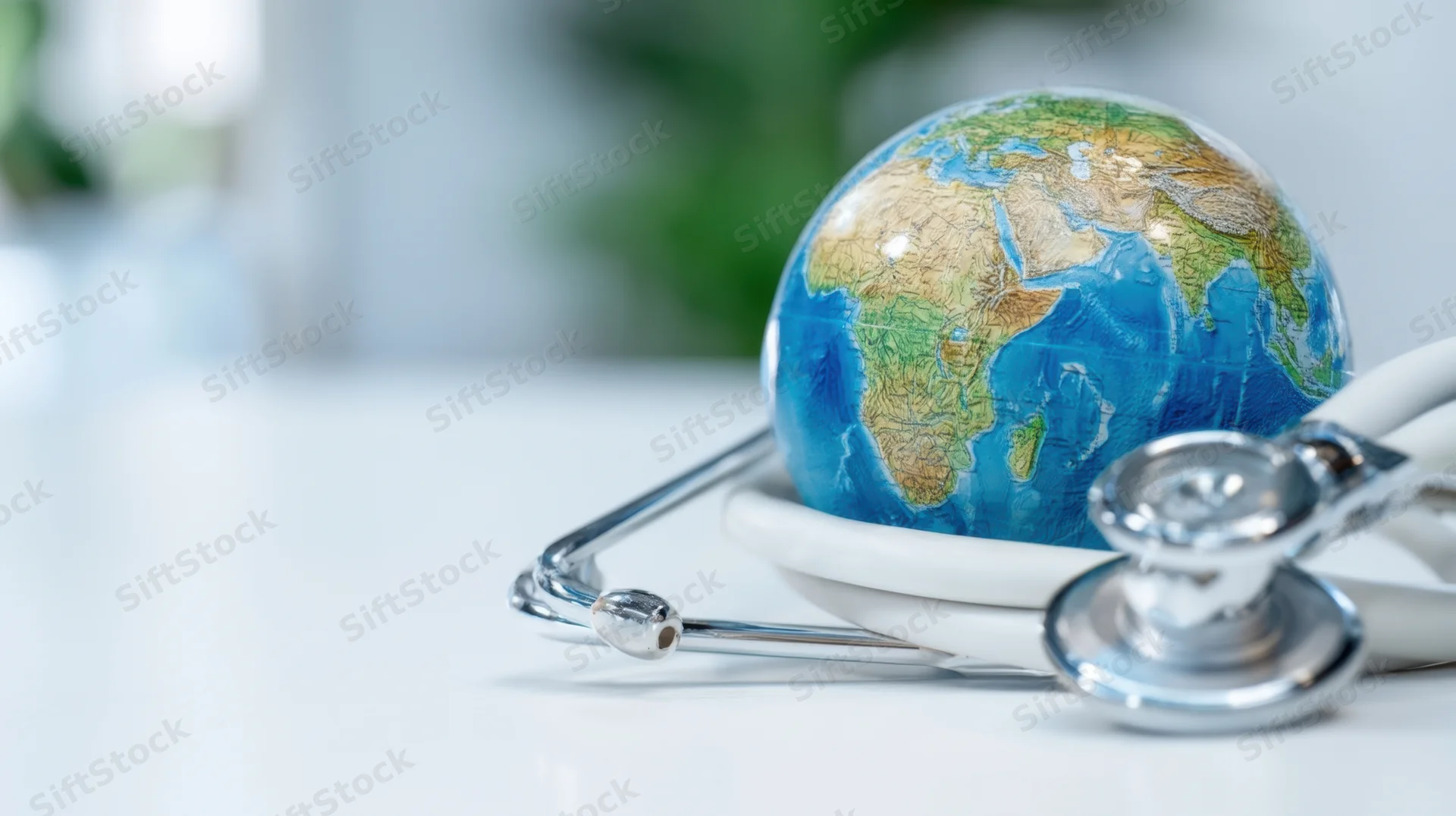 Stethoscope resting on a globe on a white surface in a medical setting