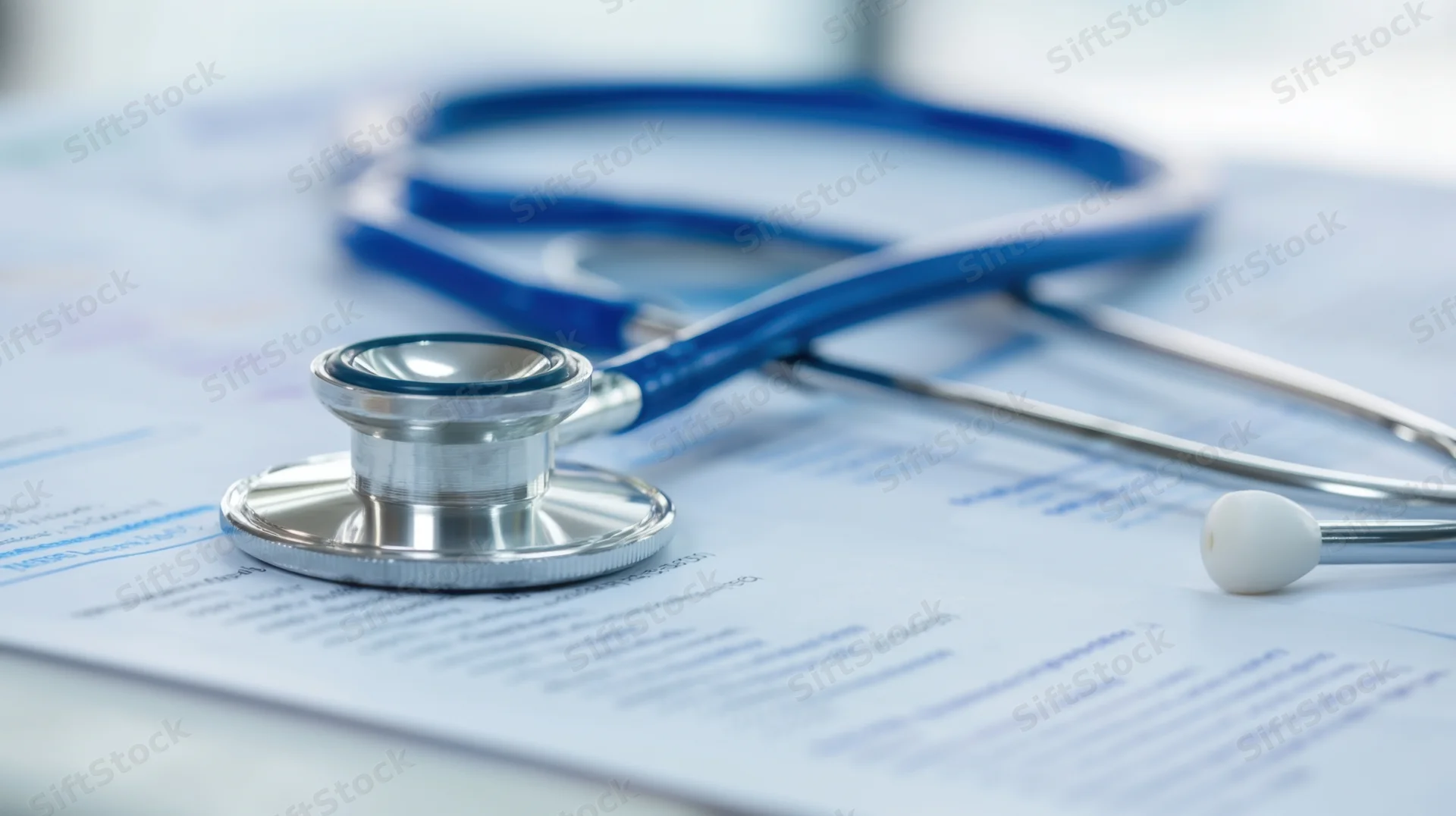 Stethoscope resting on medical documents in a clinic setting