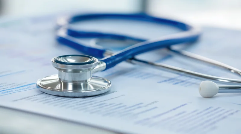 Stethoscope resting on medical documents in a clinic setting