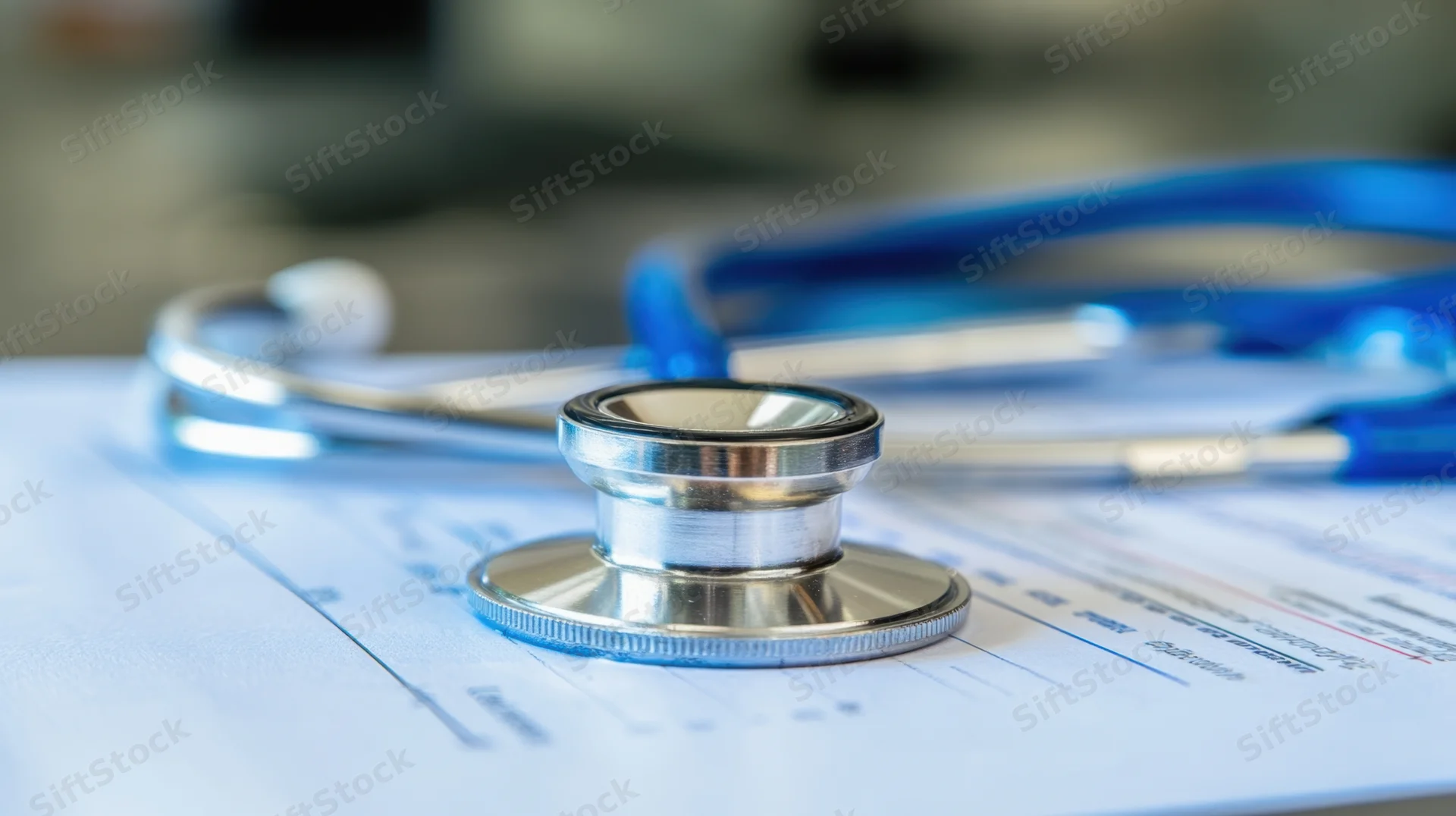 Stethoscope resting on medical documents in a clinic setting